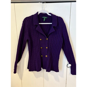 Ralph Lauren Women's Sweater 100% Cotton Double Breasted Purple Cable Knit Large